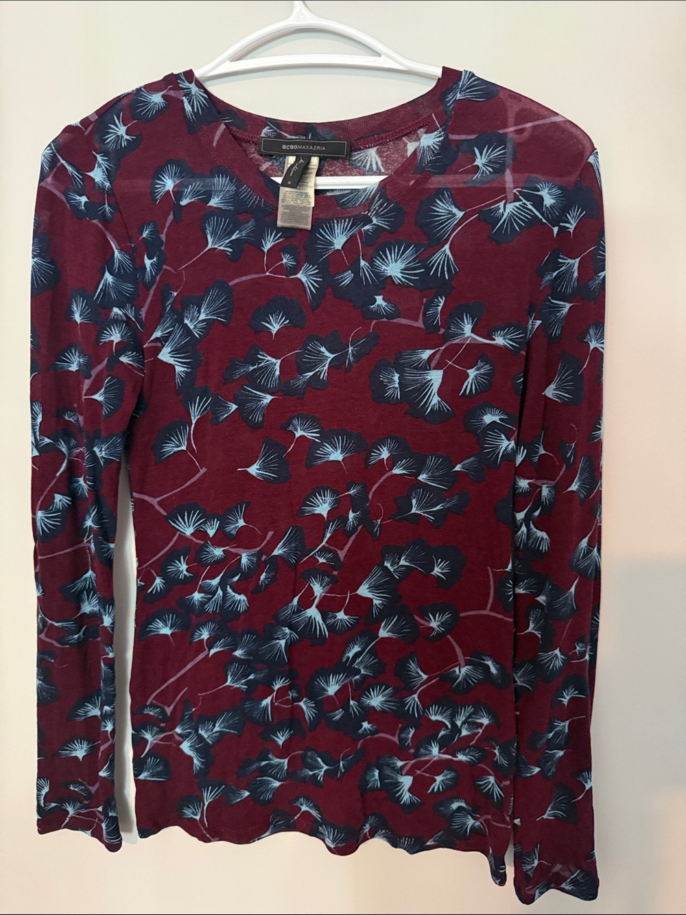 BCBG Burgundy Tee with Blue ginko leaf print